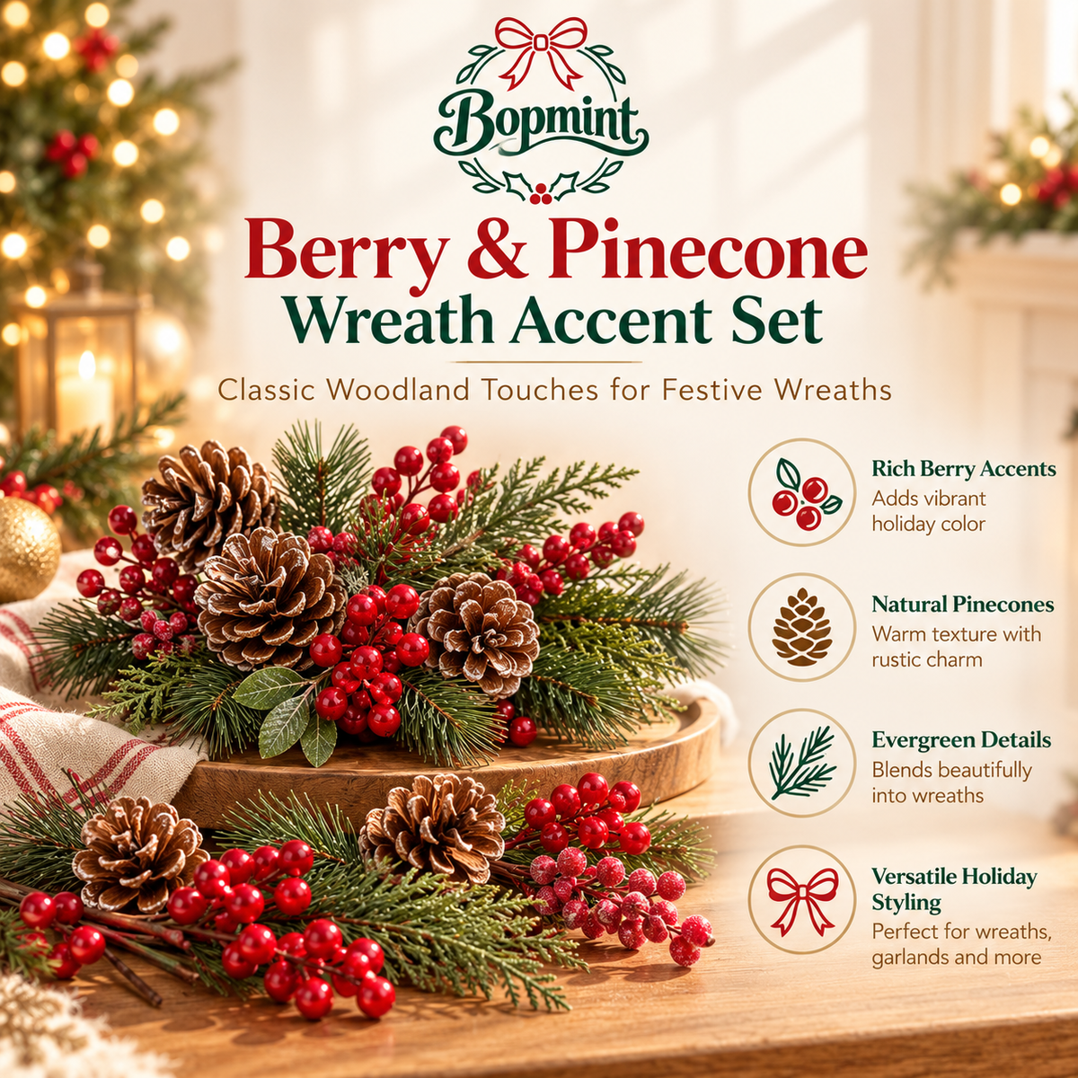 Bopmint Berry & Pinecone Wreath Accent Set